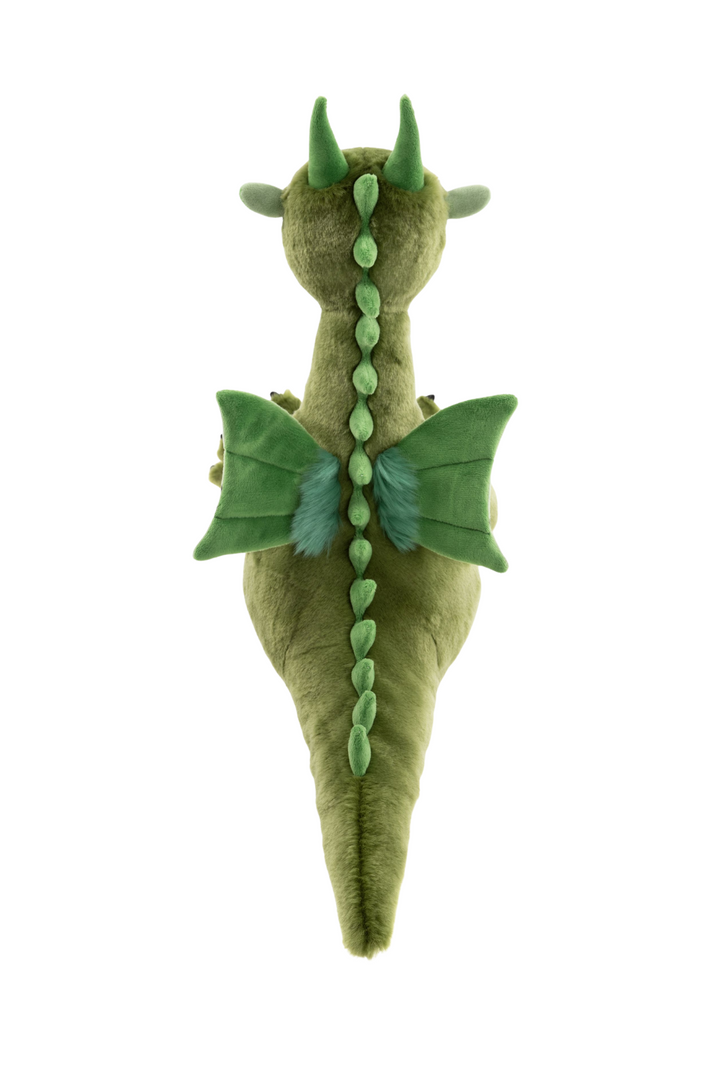 Back view of Deck the Dragon by Charlie Bears showing detailed wings, plush spine, and character design