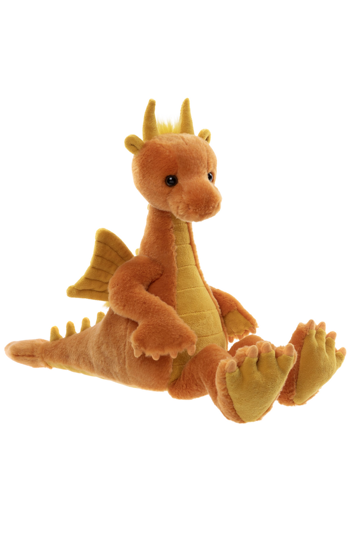 Product photo (front view sitting)
Diamonds the Dragon Charlie Bears Bearhouse plush dragon orange yellow sitting front view collectible stuffed animal