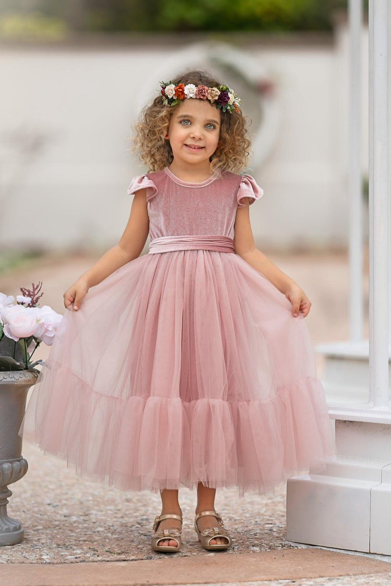 Marcella dusty pink velvet flower girl dress with ruffle sleeves and layered tulle skirt, front view