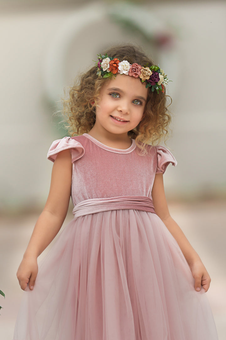 Side view of Marcella dusty pink velvet flower girl dress, soft blush tone perfect for garden weddings