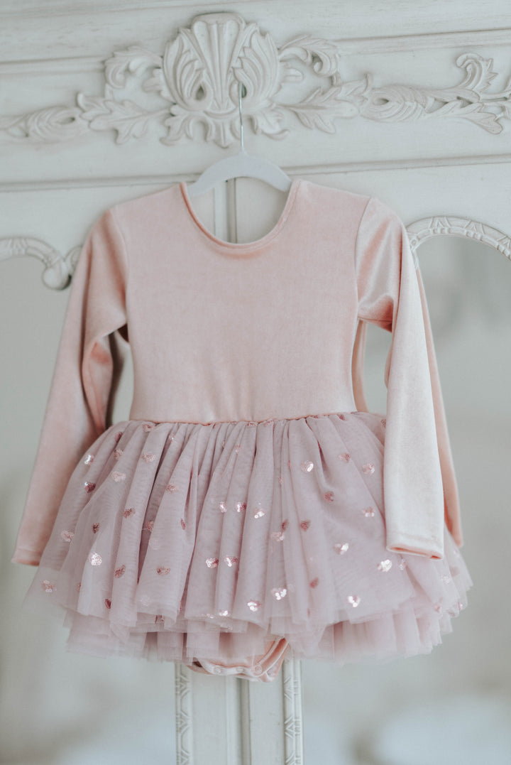 Rosewood velvet tutu dress displayed flat, showing full bodice and layered heart tulle skirt.