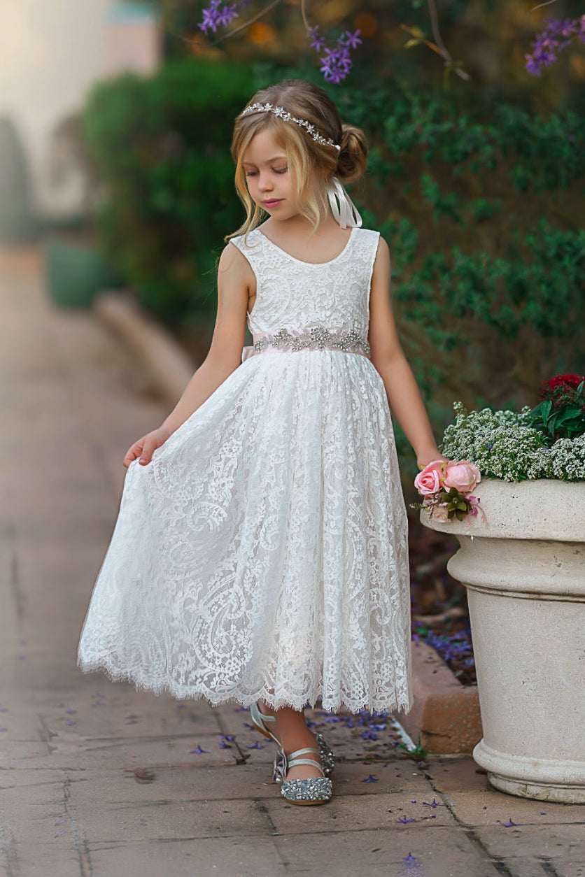 Soft white sleeveless lace flower girl dress jeweled sash Eloise