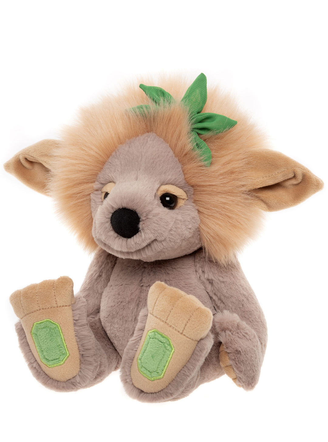 Emerald Lou Bearhouse by Charlie Bears seated plush troll with pointed ears, green floral detail and embroidered emerald paws
