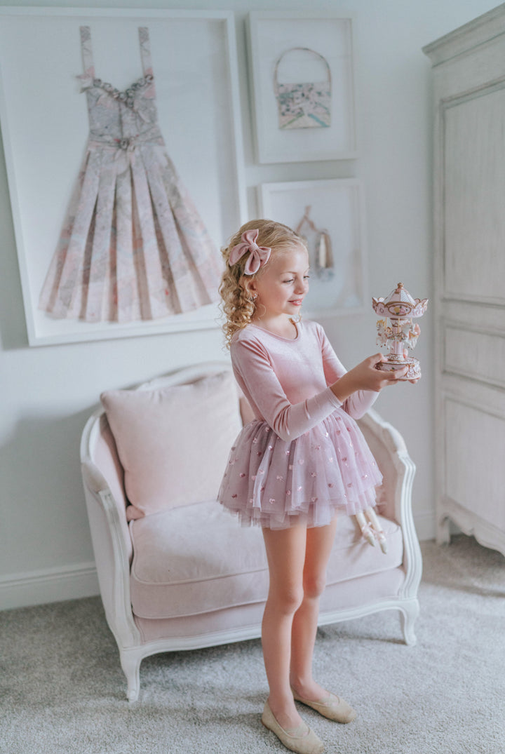 Girl holding a carousel music box while wearing rosewood velvet tutu dress.