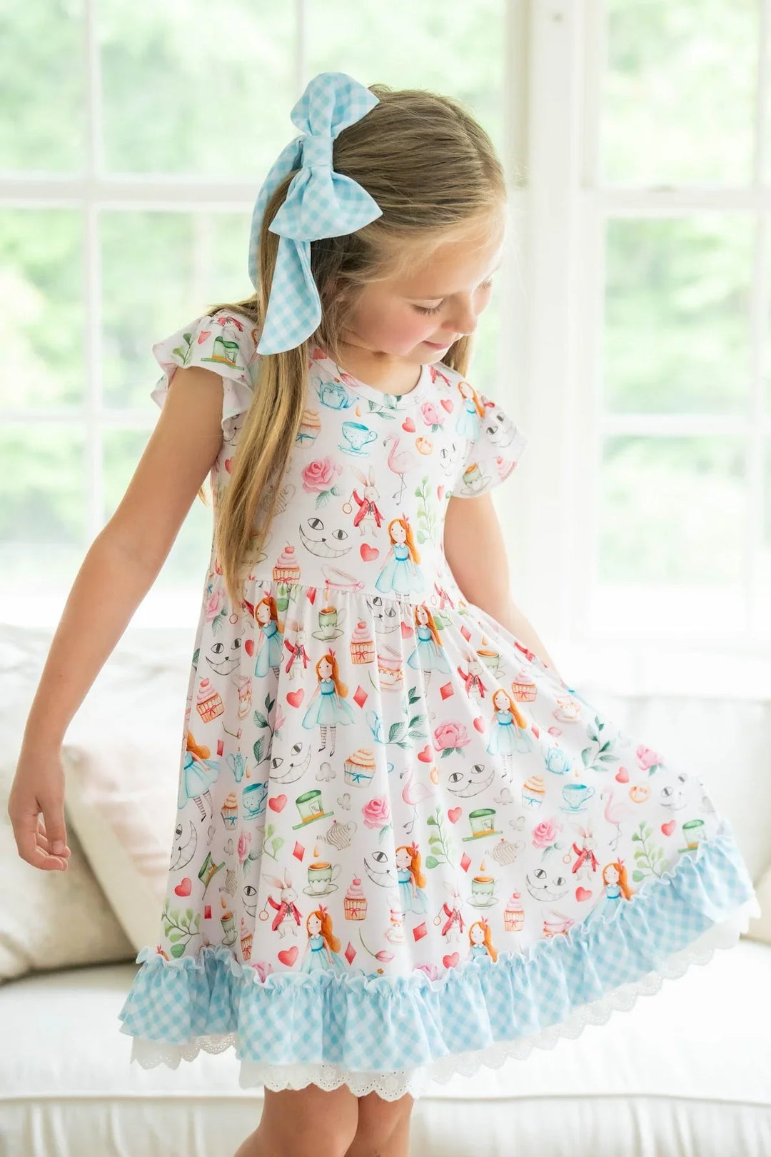 pink alice in wonderland dress Light pink/Alice in Wonderland Printed Cotton Dress for kids