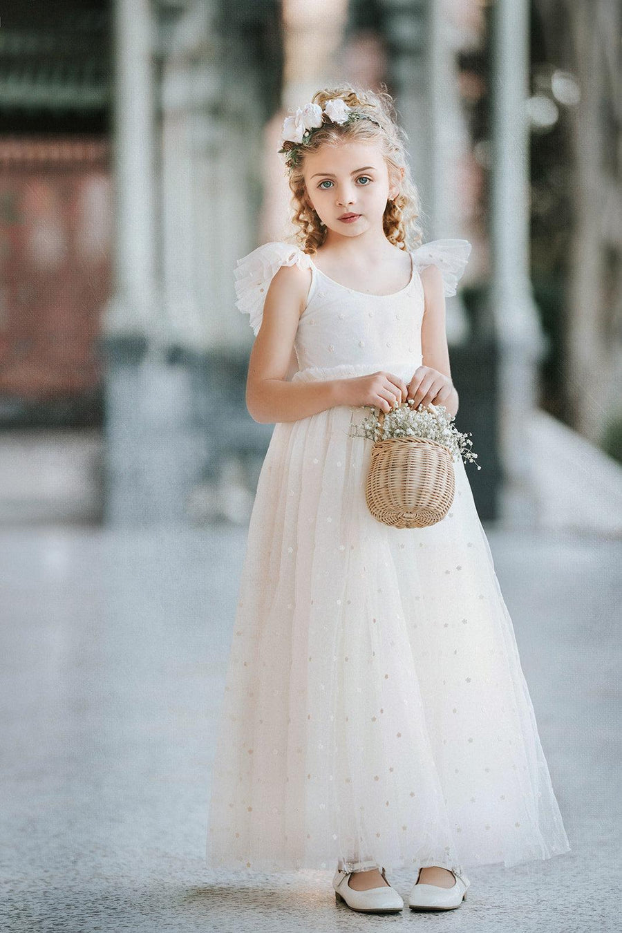 Ivory fleur flower girl dress with embroidered floral tulle and ruffle sleeves, elegant ivory wedding flower girl dress by Little Kitten by Autumn Moon
