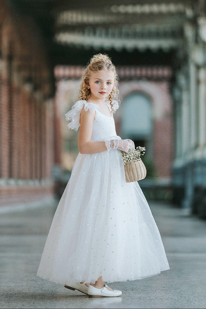 Soft white twirl flower girl dress with layered embroidered tulle skirt and ruffle sleeves, romantic wedding dress for girls
