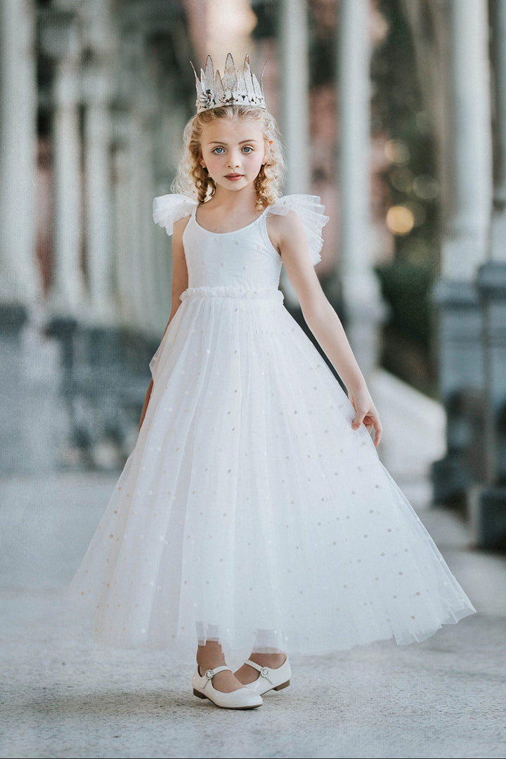 Soft white flower girl dress with embroidered floral tulle and ruffle sleeves, heirloom wedding dress for girls by Little Kitten by Autumn Moon