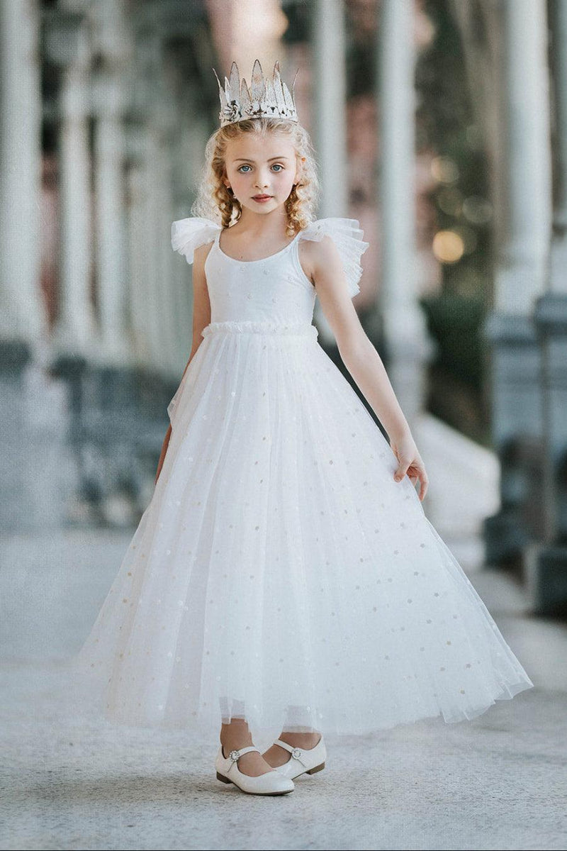 Soft white flower girl dress with embroidered floral tulle and ruffle sleeves, heirloom wedding dress for girls by Little Kitten by Autumn Moon