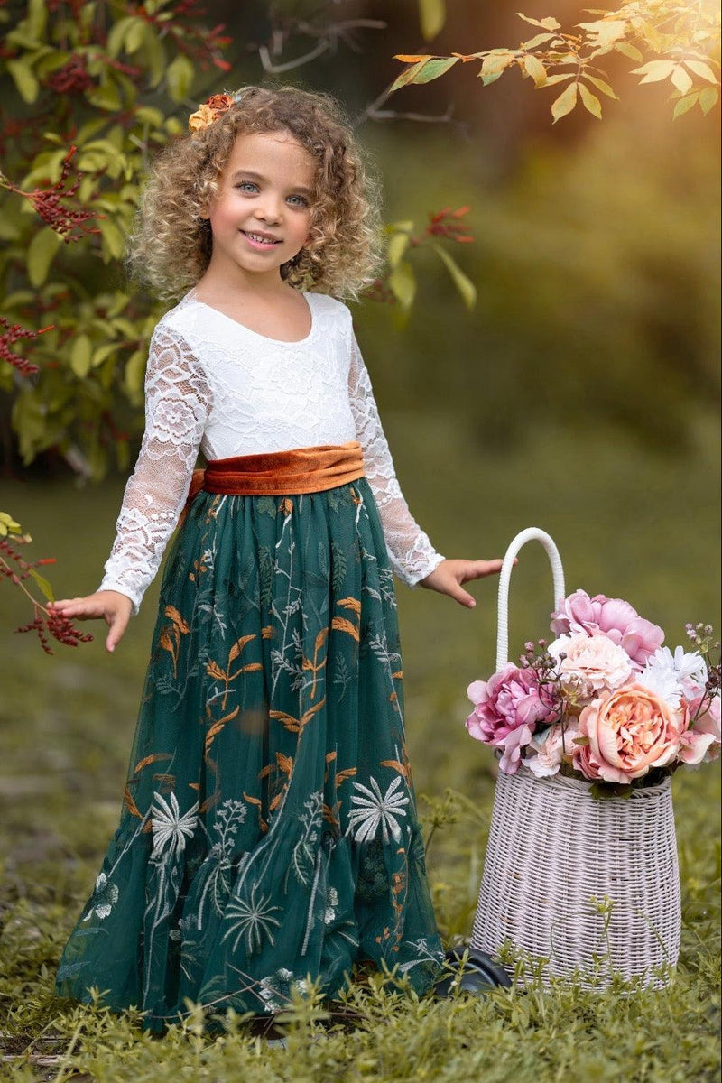 long sleeve lace flower girl gown forest velvet sash