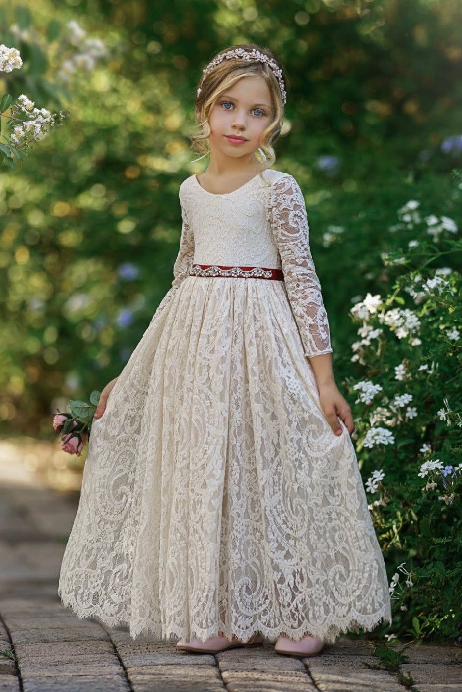 long sleeve antique ivory lace full length flower girl dress