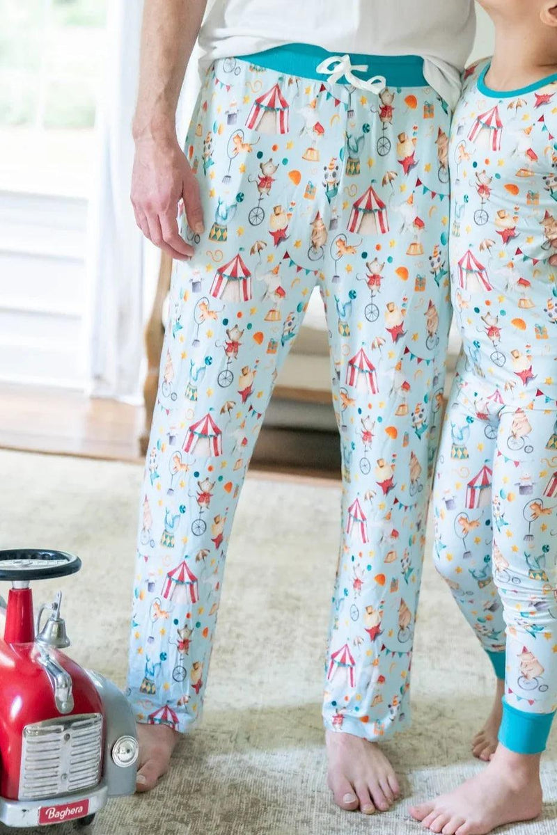 Close-up of adult unisex bamboo sleep pants in Take Me to the Circus print, featuring soft drawstring waistband.