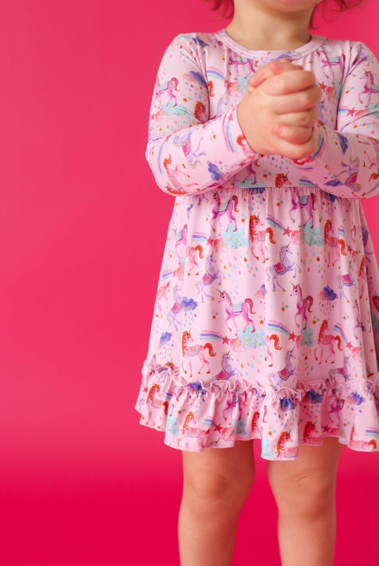 Magical Unicorns Bamboo Girls' Long Sleeve Twirl Dress