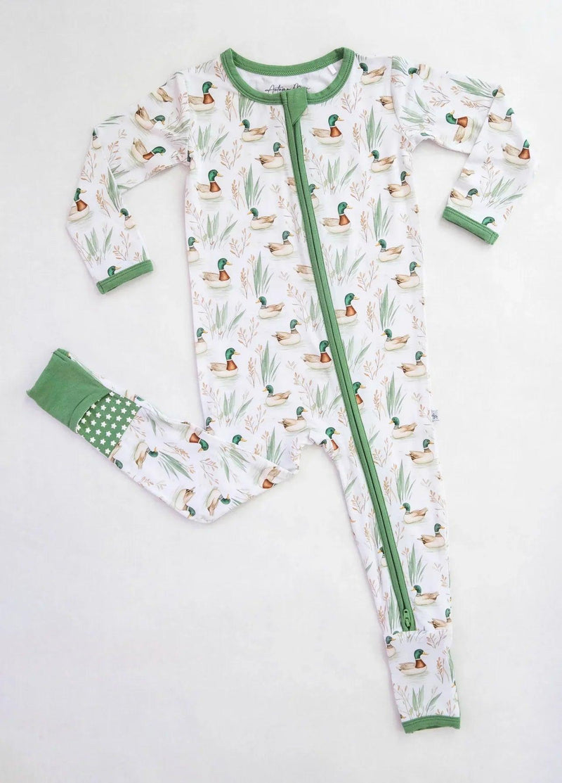 Long sleeve mallard duck bamboo zipper pajamas with dual zipper and fold-over feet, shown flat for baby or toddler.