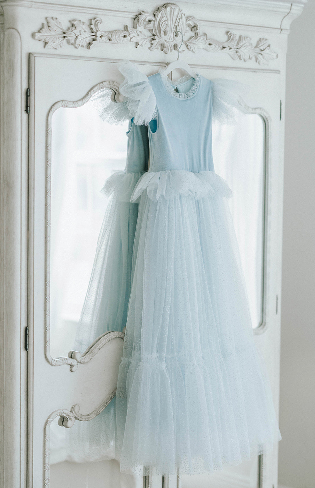 Blue velvet princess dress with ruffled tulle sleeves and full sparkle tulle skirt