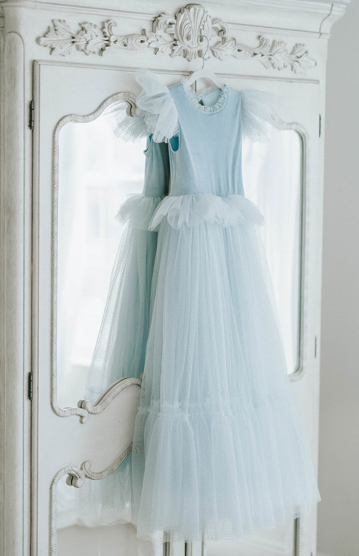Blue velvet princess dress with ruffled tulle sleeves and full sparkle tulle skirt