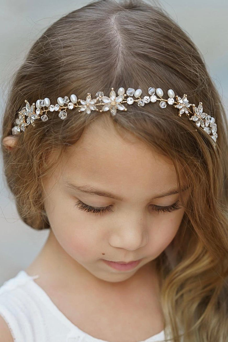 flower girl gold crystal headband with crystal flower details elegant wedding hair accessory