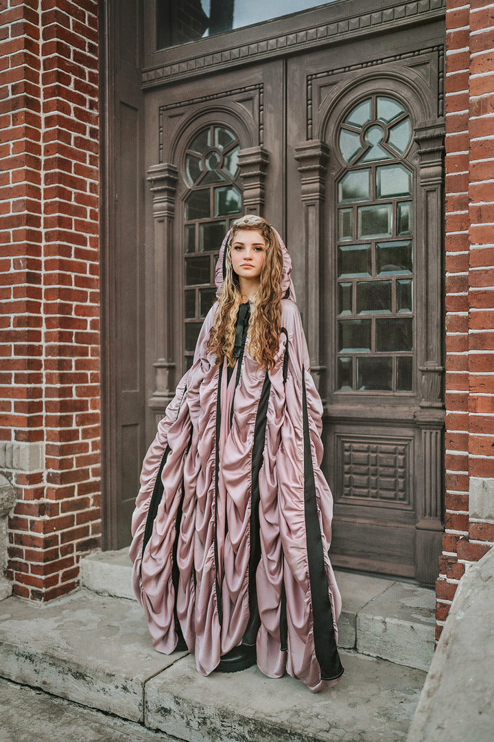 Full-length mauve satin Coffin Cape with black bands, gathered Gothic draping and oversized hood