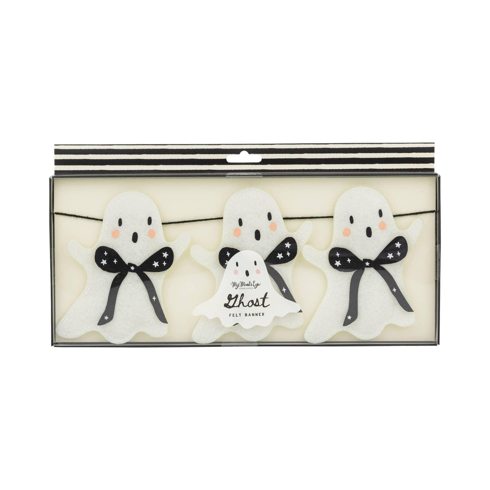 My Mind’s Eye felt ghost Halloween garland in retail packaging with white ghosts and black bow details