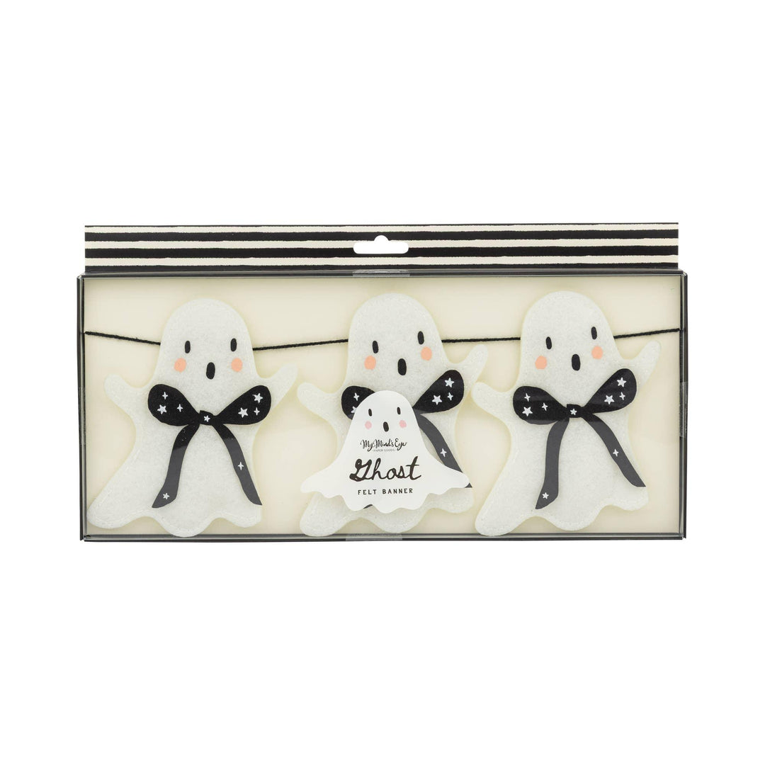 My Mind’s Eye felt ghost Halloween garland in retail packaging with white ghosts and black bow details