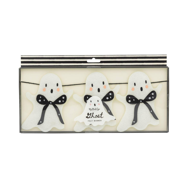 My Mind’s Eye felt ghost Halloween garland in retail packaging with white ghosts and black bow details