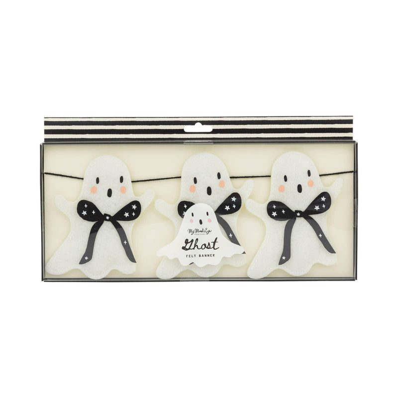 My Mind’s Eye felt ghost Halloween garland in retail packaging with white ghosts and black bow details