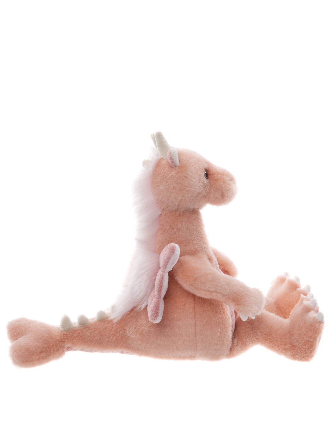 Side view of Hearts dragon plush Charlie Bears Bearhouse pink wings and horns