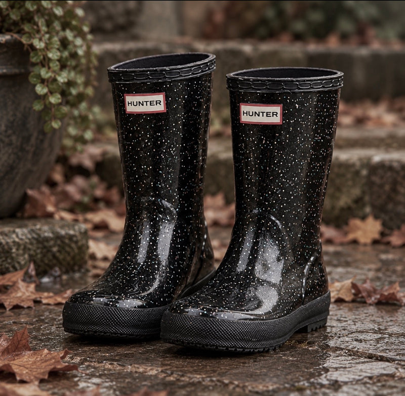 Black glitter little kids’ Hunter rain boots with signature front logo, photographed on wet stone steps with fallen autumn leaves in a moody outdoor setting.