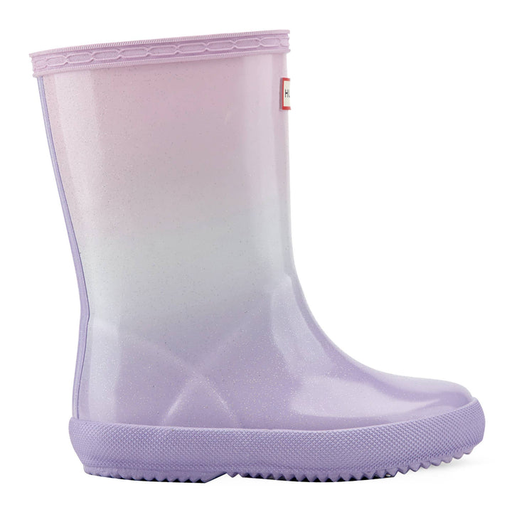 Hunter Boots Kids First Starcloud ombre rain boot side view with glitter finish