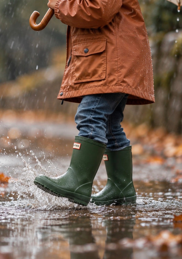 Child wearing Hunter Boots Kids First Classic Hunter Green waterproof rain boots while splashing through a rainy autumn puddle