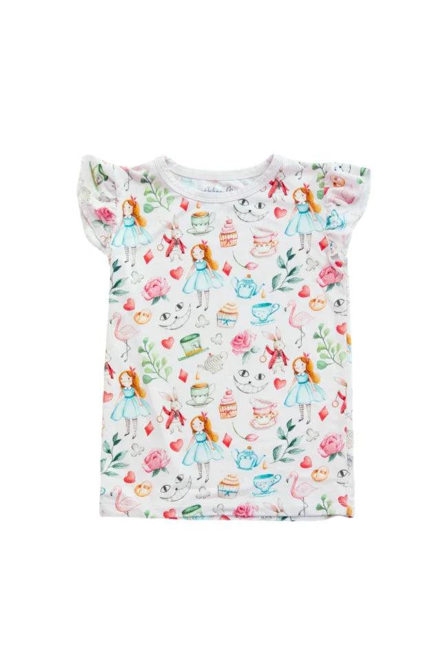 Flat lay of Adventures with Alice girls ruffle sleeve T-shirt, featuring pink background and whimsical Wonderland print.