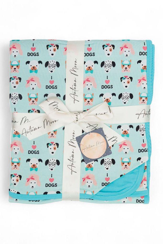 50 x 50" bamboo blanket for baby toddlers and kids, featuring a dog print that says " I love Dogs"  Also makes the perfect throw blanket for adults. 