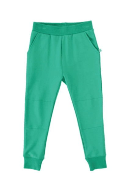 Lagoon green unisex French terry jogger pants for toddlers and kids, soft and breathable fabric, laid flat with elastic waistband and cuffed ankles