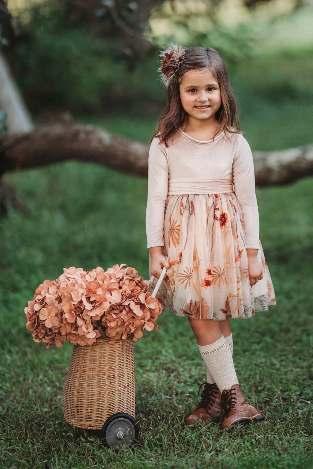 Antique champagne velvet flower girl dress with embroidered tulle skirt