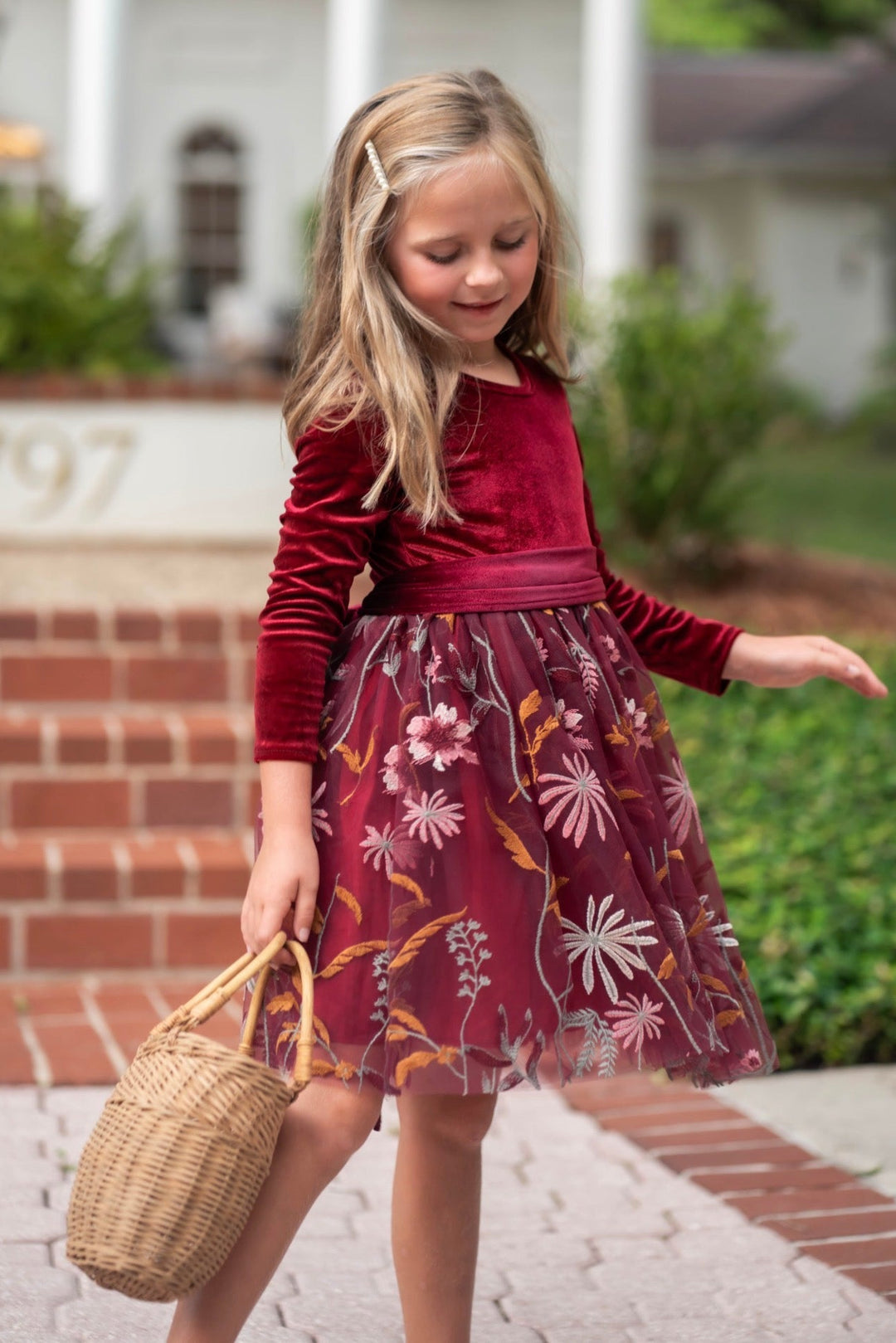 Bordeaux velvet flower girl dress with embroidered tulle skirt