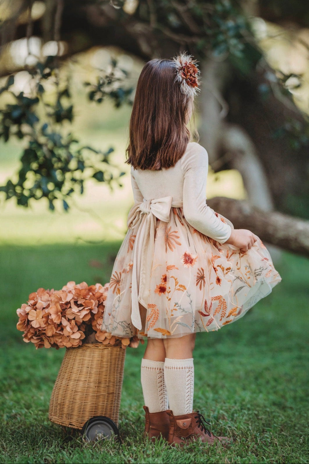 Girls velvet bodice flower girl dress with botanical embroidered tulle