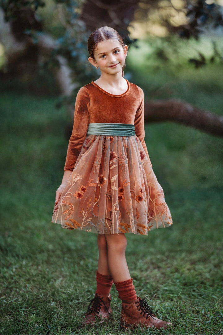 Liora velvet flower girl dress in burnt orange with embroidered tulle skirt, Little Kitten by Autumn Moon