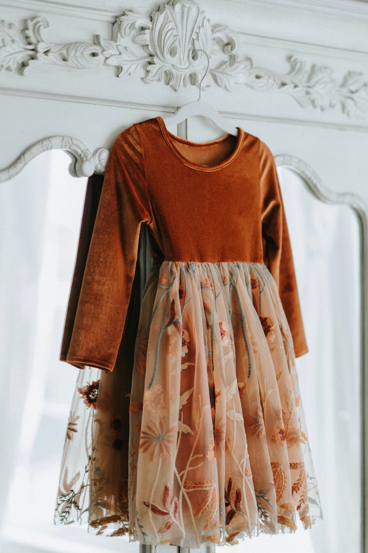 Burnt orange velvet flower girl dress with embroidered botanical tulle skirt, long sleeve Liora dress