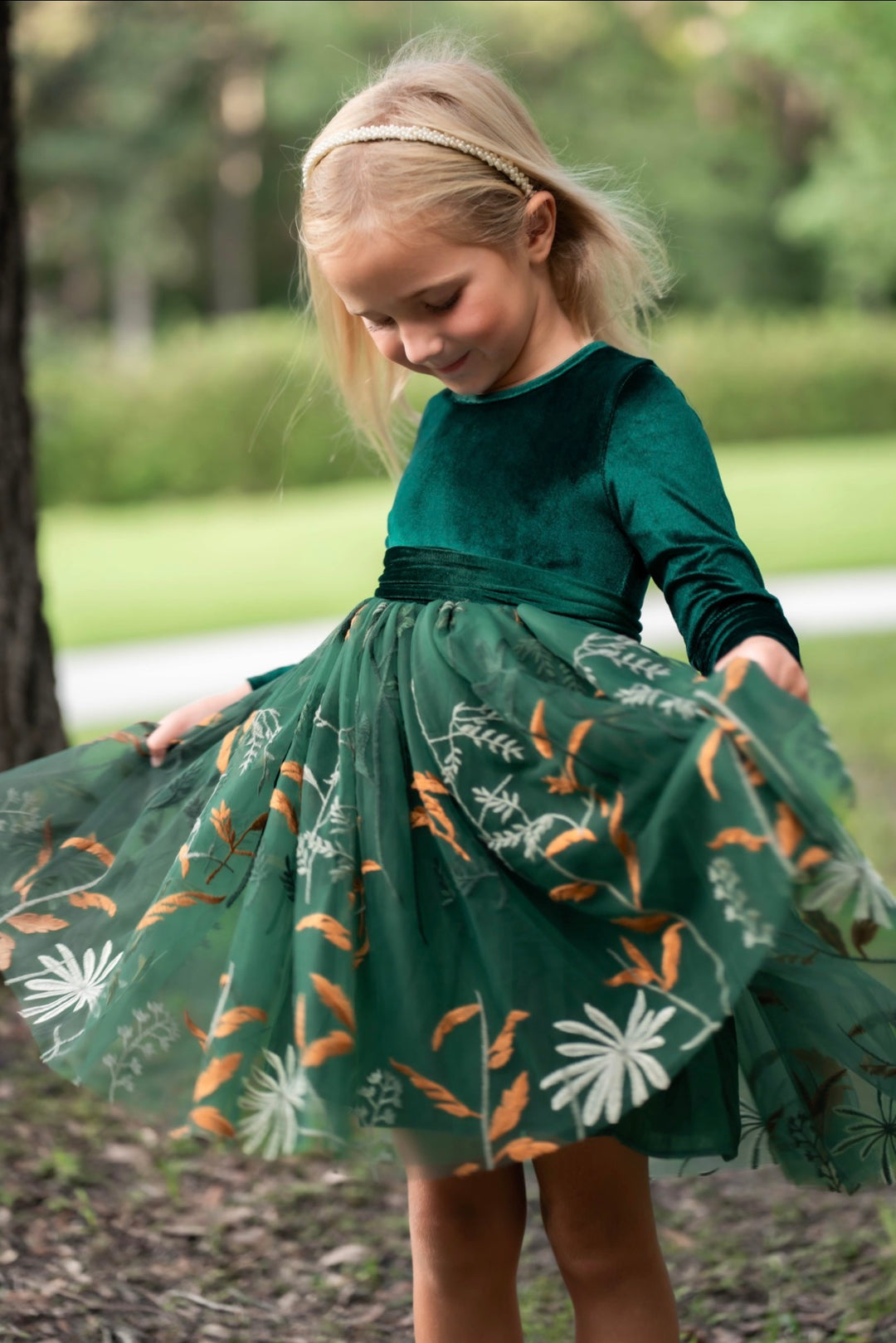 Forest green velvet flower girl dress with embroidered tulle skirt