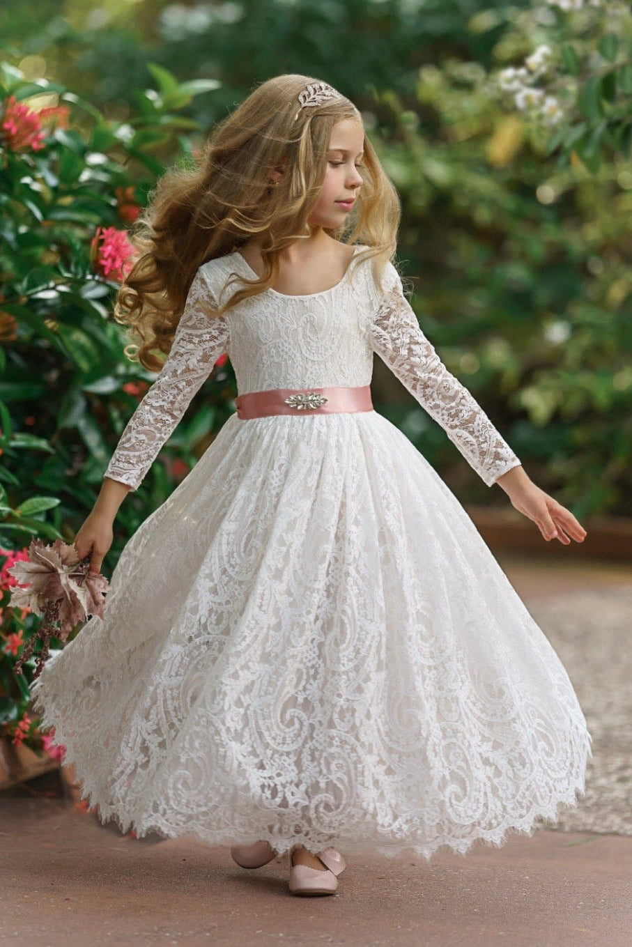 soft white lace formal dress for flower girl wedding portrait