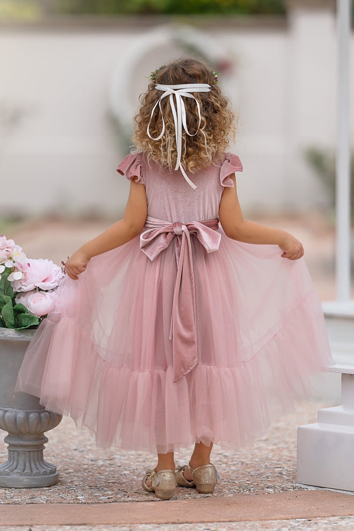 Back view of Marcella dusty pink velvet flower girl dress with full bodice and matching velvet sash