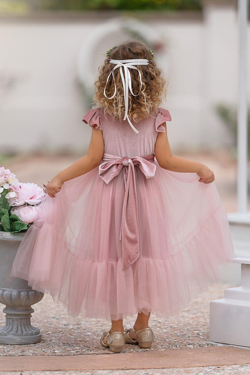Back view of Marcella dusty pink velvet flower girl dress with full bodice and matching velvet sash