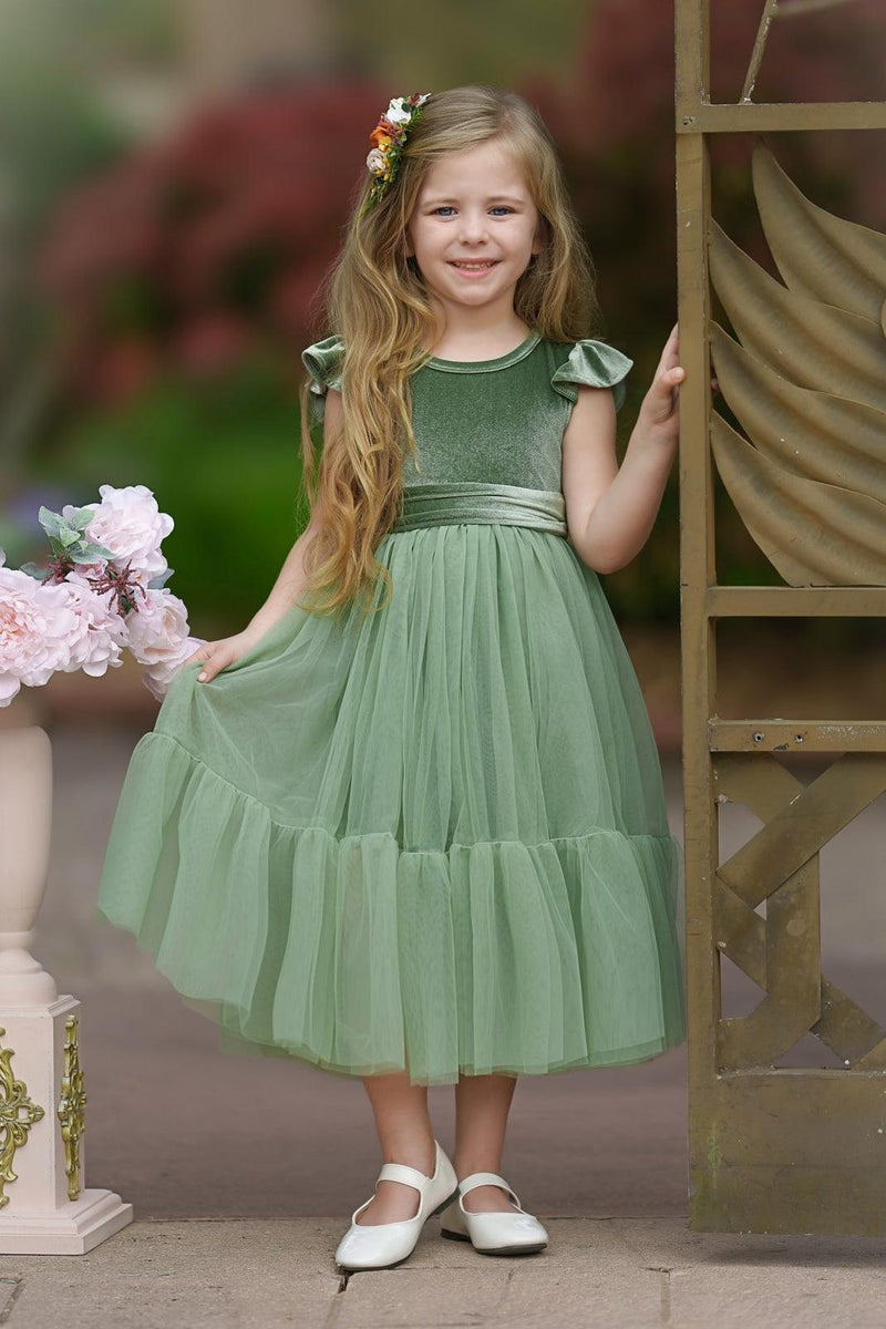 Marcella sage green velvet flower girl dress with ruffle sleeves and layered tulle skirt, front view