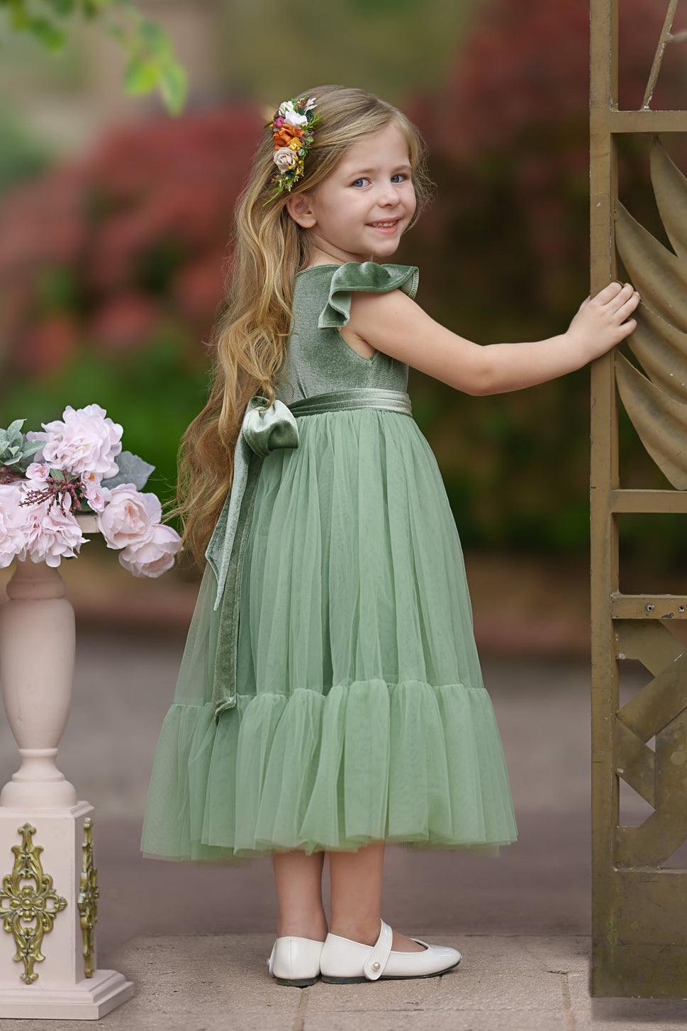 green flower girl dress Marcella - Sage Velvet please leave the flower Vintage Mauve Boho Mother Size:45 (5'0