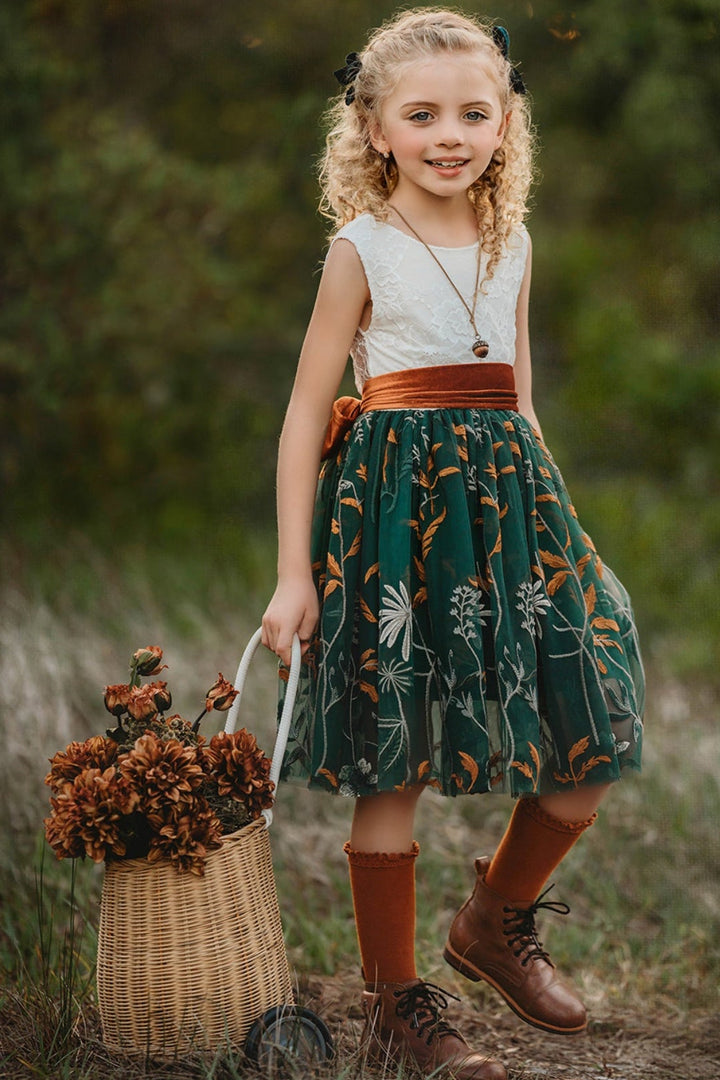forest green flower girl dress lace bodice embroidered skirt