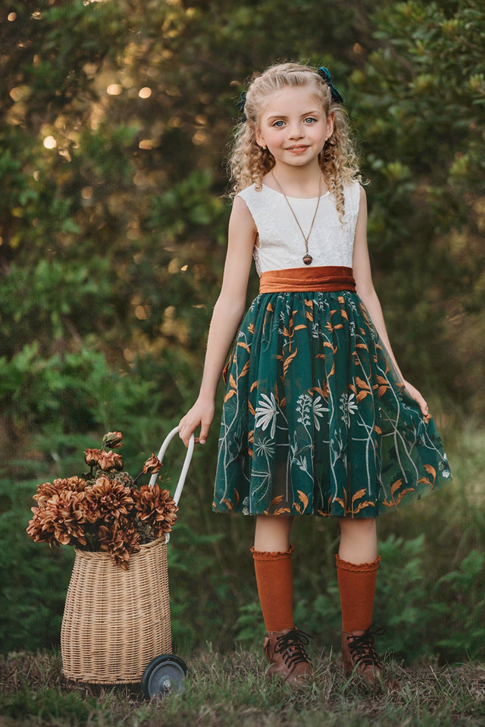 knee length flower girl dress forest green velvet sash