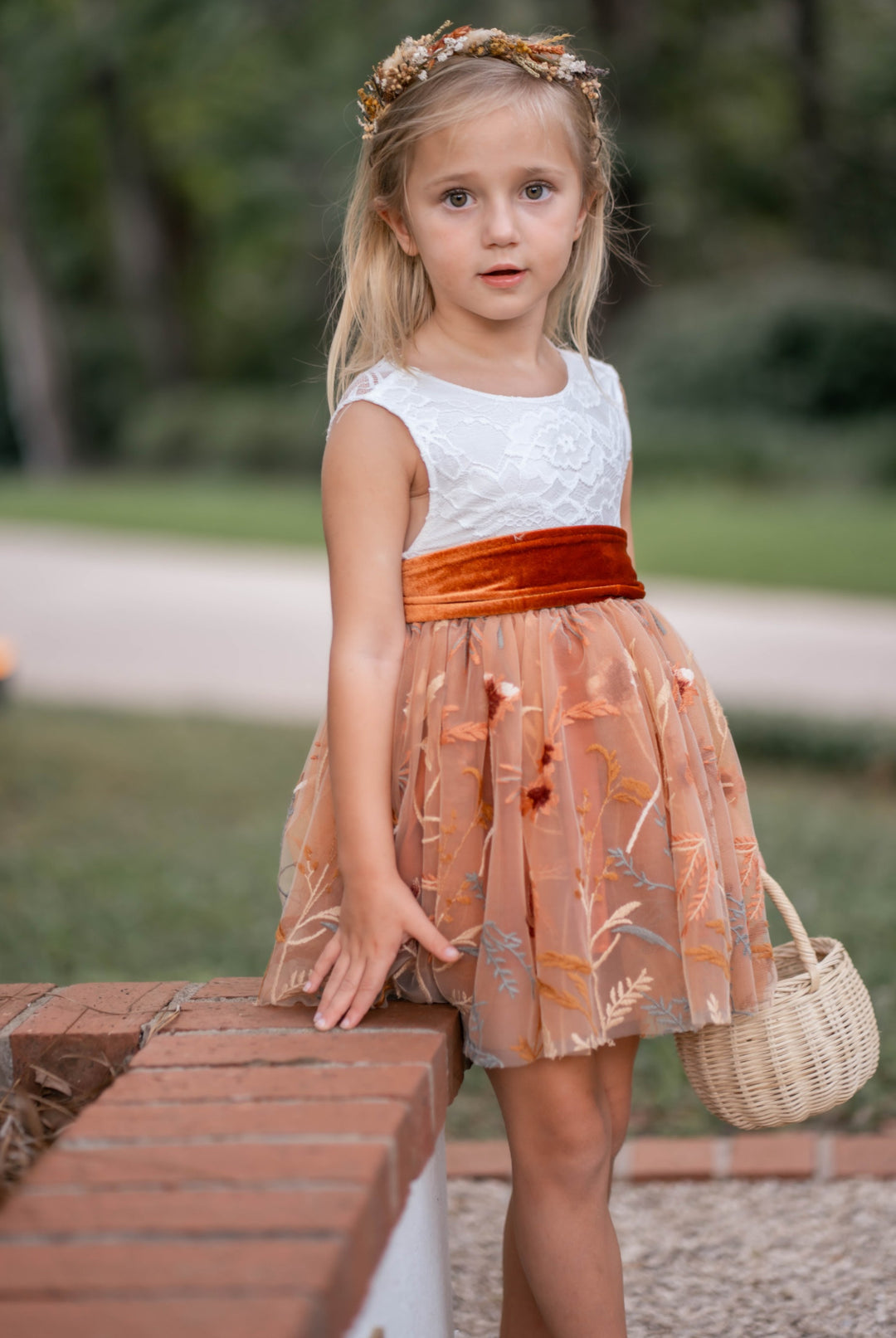 burnt orange flower girl dress lace bodice embroidered skirt