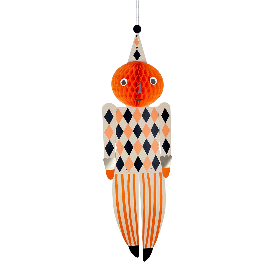 Meri Meri giant pumpkin Halloween decoration with orange honeycomb head and harlequin costume