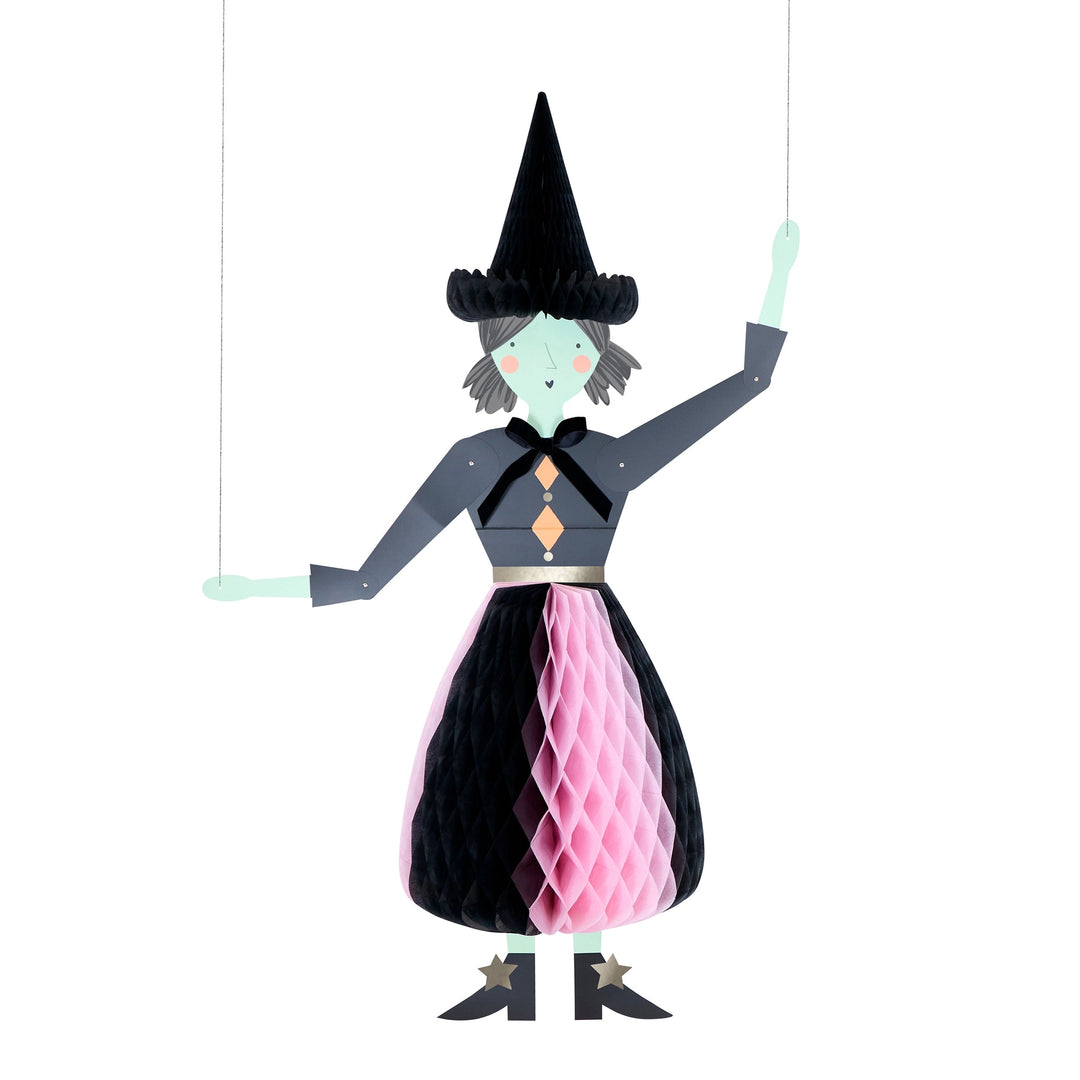 Meri Meri giant witch Halloween decoration with black honeycomb hat and pink and black costume