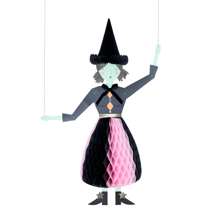 Meri Meri giant witch Halloween decoration with black honeycomb hat and pink and black costume